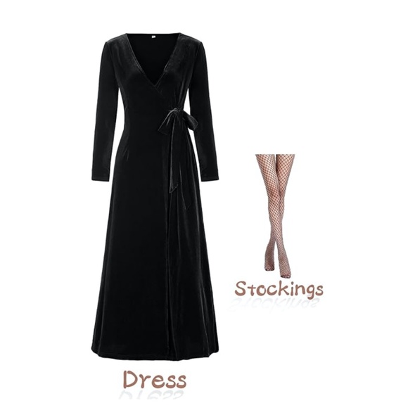 Black Velvet Wrap Long Dress, Includes Fishnet Stockings, Size: Small - Picture 2 of 4